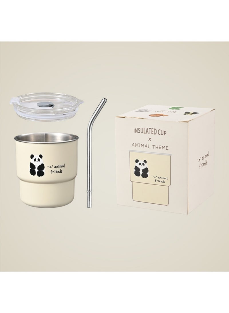 أداندو كوب قهوة صغير من الفولاذ المقاوم للصدأ بسعة 450 مل، 3 طرق للشرب، بطانة داخلية من الفولاذ المقاوم للصدأ 304 وغطاء وقشة من البولي بروبلين، تصميم كوب ستانلي صغير، على شكل باندا لطيف - Image 4