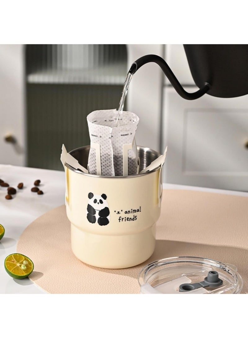 أداندو كوب قهوة صغير من الفولاذ المقاوم للصدأ بسعة 450 مل، 3 طرق للشرب، بطانة داخلية من الفولاذ المقاوم للصدأ 304 وغطاء وقشة من البولي بروبلين، تصميم كوب ستانلي صغير، على شكل باندا لطيف - Image 2