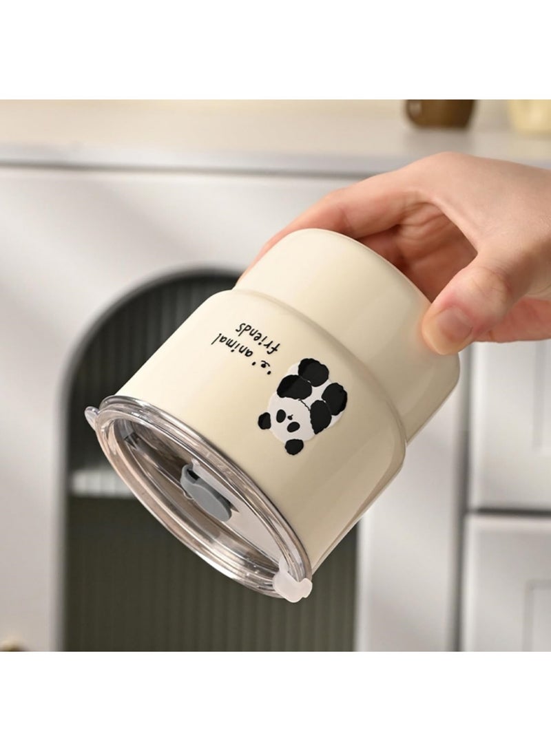 أداندو كوب قهوة صغير من الفولاذ المقاوم للصدأ بسعة 450 مل، 3 طرق للشرب، بطانة داخلية من الفولاذ المقاوم للصدأ 304 وغطاء وقشة من البولي بروبلين، تصميم كوب ستانلي صغير، على شكل باندا لطيف - Image 3