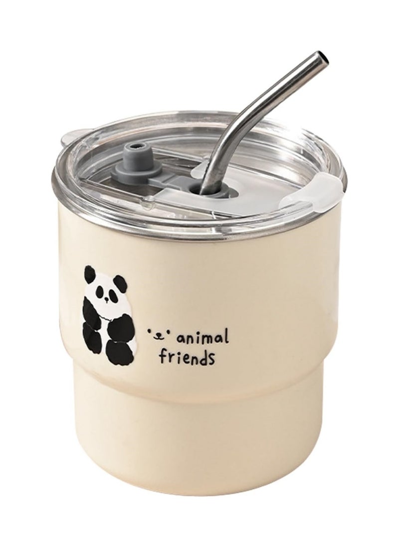 أداندو كوب قهوة صغير من الفولاذ المقاوم للصدأ بسعة 450 مل، 3 طرق للشرب، بطانة داخلية من الفولاذ المقاوم للصدأ 304 وغطاء وقشة من البولي بروبلين، تصميم كوب ستانلي صغير، على شكل باندا لطيف - Image 1