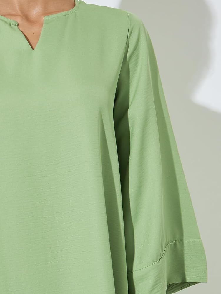 Styli Amirah Green Solid Notch Neck Jalabiya,Green,S - Image 3