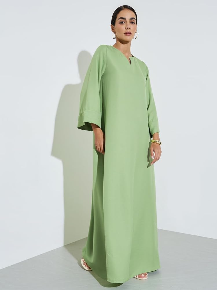 Styli Amirah Green Solid Notch Neck Jalabiya,Green,S - Image 2