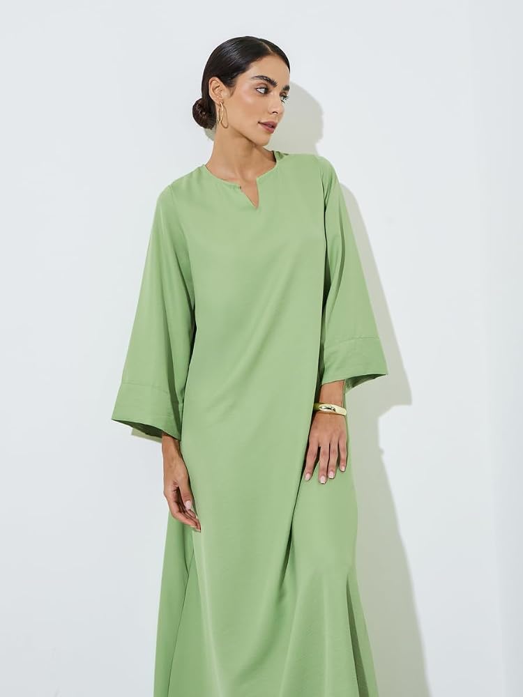 Styli Amirah Green Solid Notch Neck Jalabiya,Green,S - Image 1