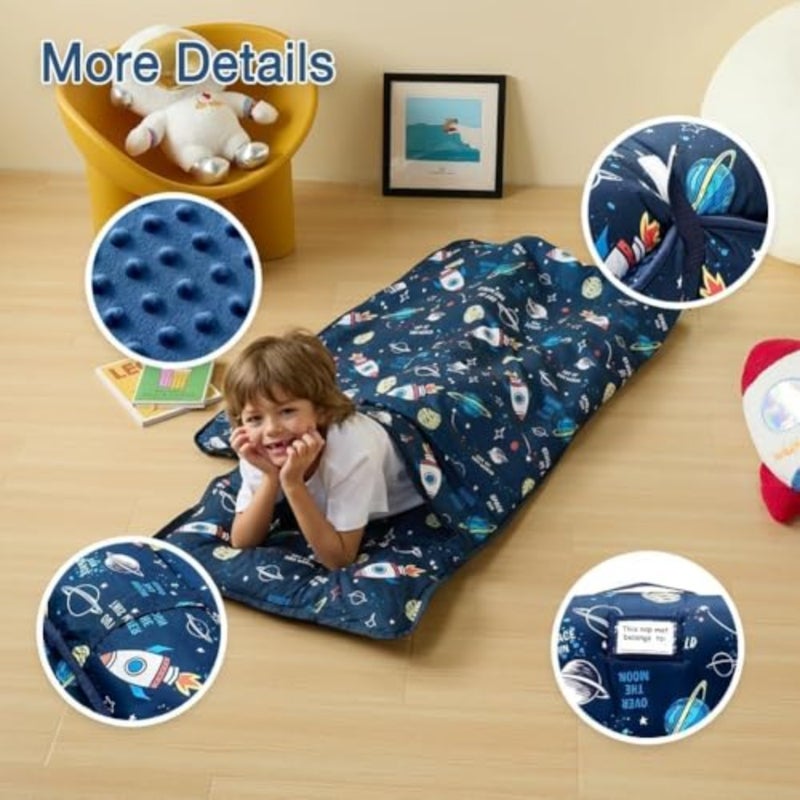 Toddler Nap Mat with Pillow and Blanket for daycare, preschool, travel, camping; polyester fabric, navy blue; extra-large, machine-washable, compact roll-up design - Image 2