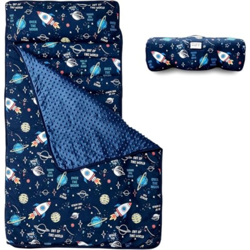 Toddler Nap Mat with Pillow and Blanket for daycare, preschool, travel, camping; polyester fabric, navy blue; extra-large, machine-washable, compact roll-up design - Image 1