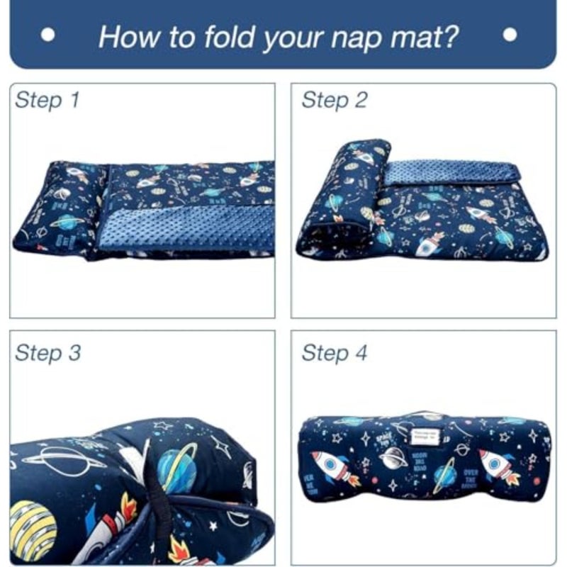 Toddler Nap Mat with Pillow and Blanket for daycare, preschool, travel, camping; polyester fabric, navy blue; extra-large, machine-washable, compact roll-up design - Image 3
