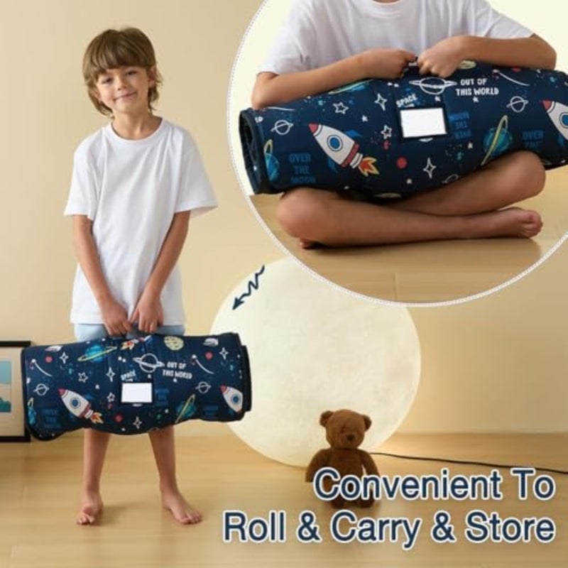 Toddler Nap Mat with Pillow and Blanket for daycare, preschool, travel, camping; polyester fabric, navy blue; extra-large, machine-washable, compact roll-up design - Image 4
