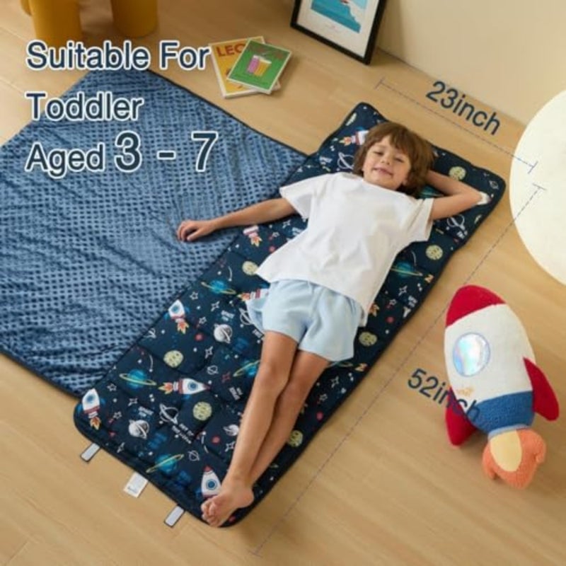 Toddler Nap Mat with Pillow and Blanket for daycare, preschool, travel, camping; polyester fabric, navy blue; extra-large, machine-washable, compact roll-up design - Image 5