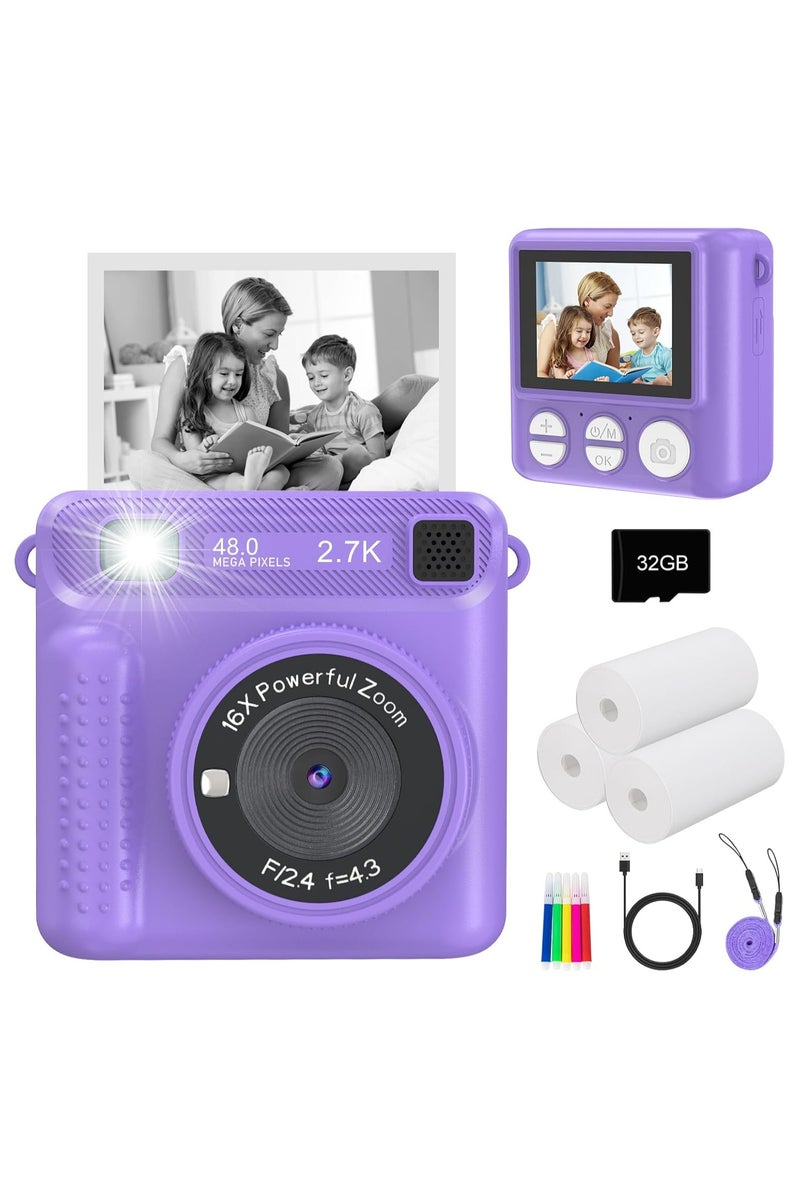 Oasisgalore Kids Instant Print Camera - 1080P HD Video, 32GB SD Card, Birthday Gift for Boys & Girls 3-12 (Purple) - Image 1