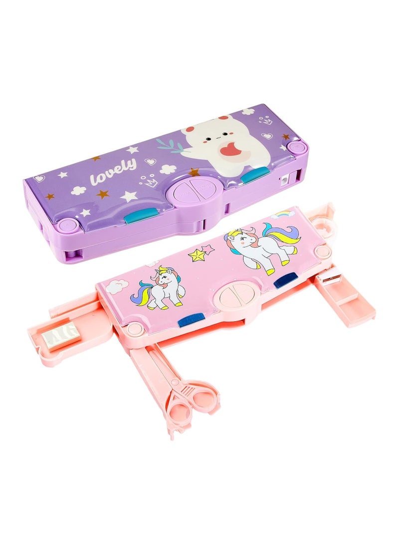 عام حافظة أقلام، حافظة أقلام متعددة الاستخدامات من قطعتين للأطفال، حافظة أقلام بتصميم كرتوني مع أزرار، مجموعة قرطاسية مع أقسام، مقص ومبراة أقلام. - Image 1
