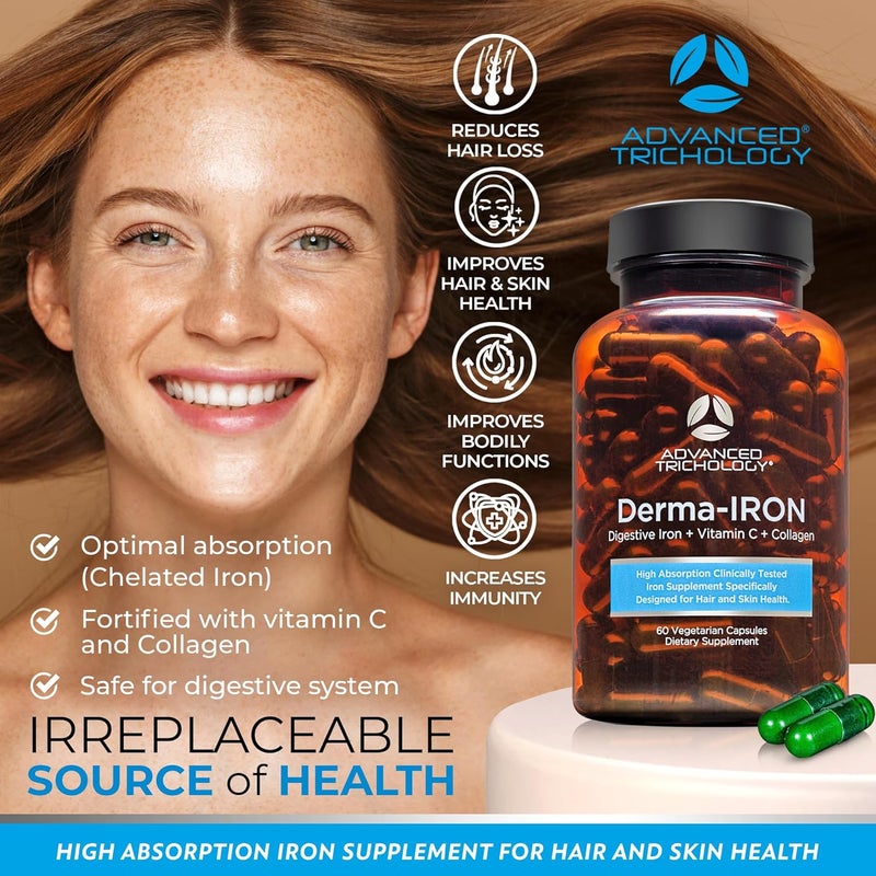 Advanced Trichology مكمل ديرما آيرون للنساء والرجال - حبوب بناء الدم بالحديد للشعر والبشرة مع الكولاجين وفيتامين سي الطبيعي - Image 3