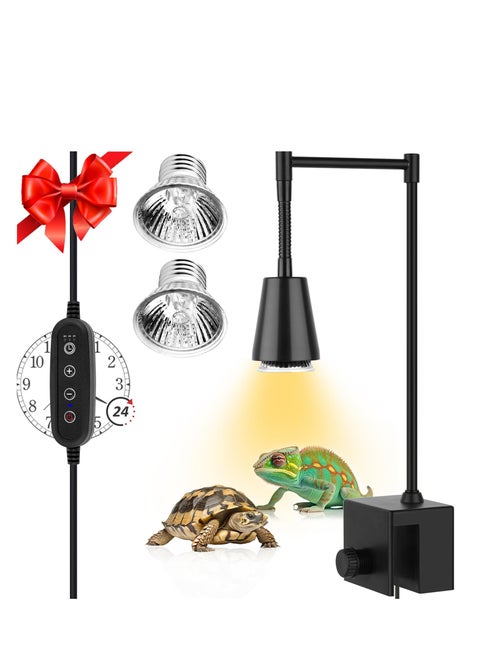 Reptile Heat Lamp,UVA UVB Turtle Heat Lamp with Clamp, 50W 360° Rotatable Heating Light,Heat Lamp for Reptiles Bearded Dragon Turtle Snake Hermit Crab Lizard,Basking Lamp, 2 Pack UVA Light Bulbs E27
