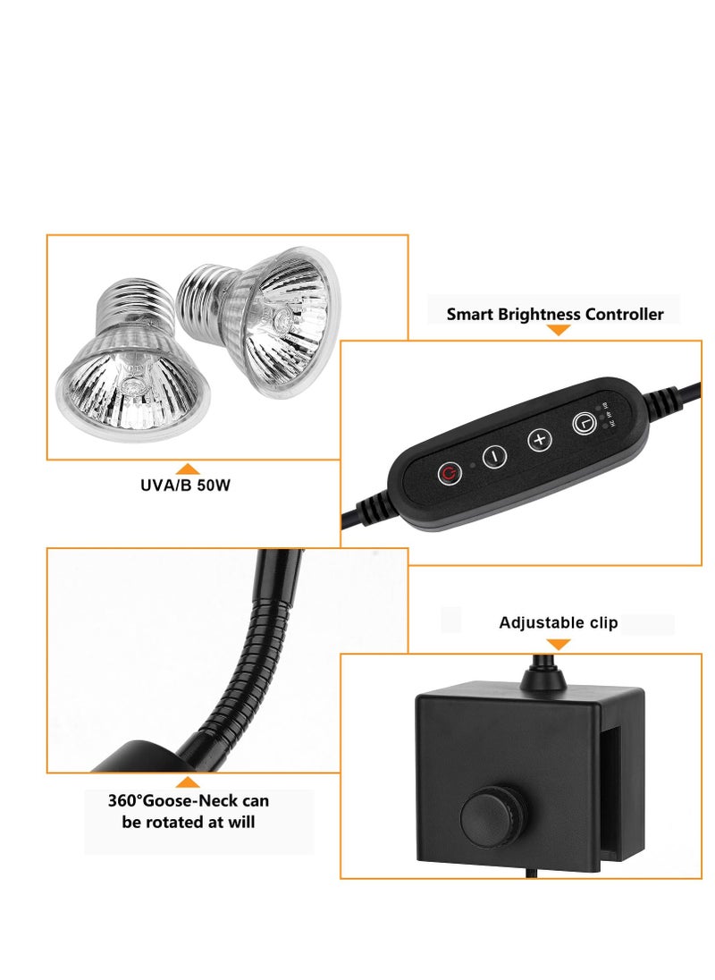 Reptile Heat Lamp,UVA UVB Turtle Heat Lamp with Clamp, 50W 360° Rotatable Heating Light,Heat Lamp for Reptiles Bearded Dragon Turtle Snake Hermit Crab Lizard,Basking Lamp, 2 Pack UVA Light Bulbs E27