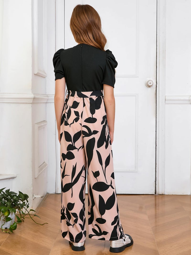 WDIRARA Girls's Casual Graphic Puff Sleeve Bow Belted Wide Leg Jumpsuit Black 12Y - Image 4