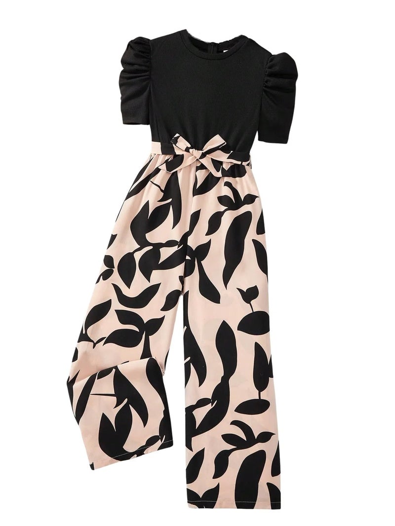 WDIRARA Girls's Casual Graphic Puff Sleeve Bow Belted Wide Leg Jumpsuit Black 12Y - Image 1