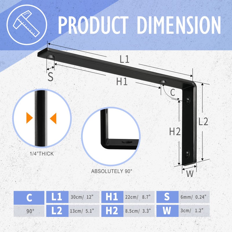 CLT CLETING CLT Black Shelf Bracket, 12” X 5” Quarter Inch (1/4") Thick- Max Load: 440 lb Rustic Industrial Modern Farmhouse Heavy Duty Cold Rolled Steel Bracket for Table Bench, Space Saving DIY, Pack of 4 - Image 4