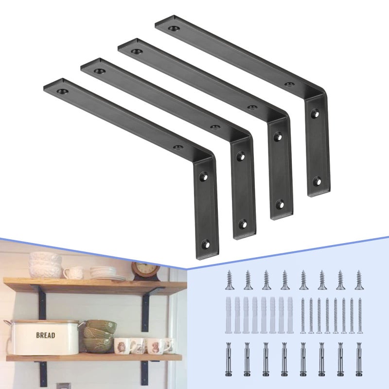 CLT CLETING CLT Black Shelf Bracket, 12” X 5” Quarter Inch (1/4") Thick- Max Load: 440 lb Rustic Industrial Modern Farmhouse Heavy Duty Cold Rolled Steel Bracket for Table Bench, Space Saving DIY, Pack of 4 - Image 1