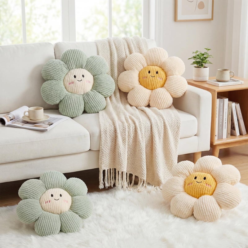 Novabright 2 Pcs Smile Flower Throw Pillows 15" White Flower Throw Pillows Decorative Daisy Floor Seating Cushion Aesthetic Cute Seat Cushion for Bed Sofa Couch Home Decor Bedroom Living Room Chair - Image 4