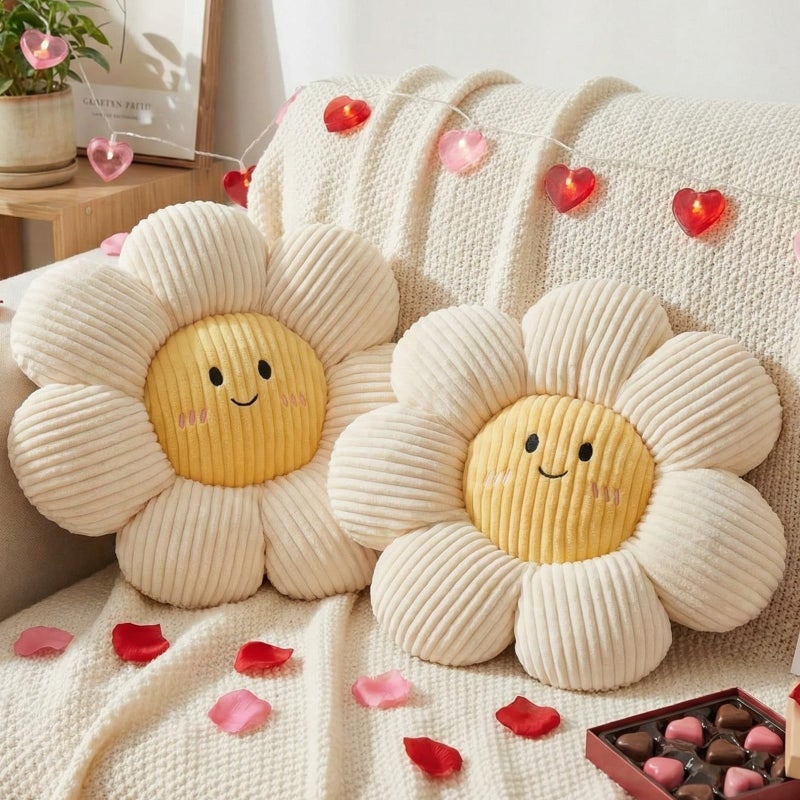 Novabright 2 Pcs Smile Flower Throw Pillows 15" White Flower Throw Pillows Decorative Daisy Floor Seating Cushion Aesthetic Cute Seat Cushion for Bed Sofa Couch Home Decor Bedroom Living Room Chair - Image 1