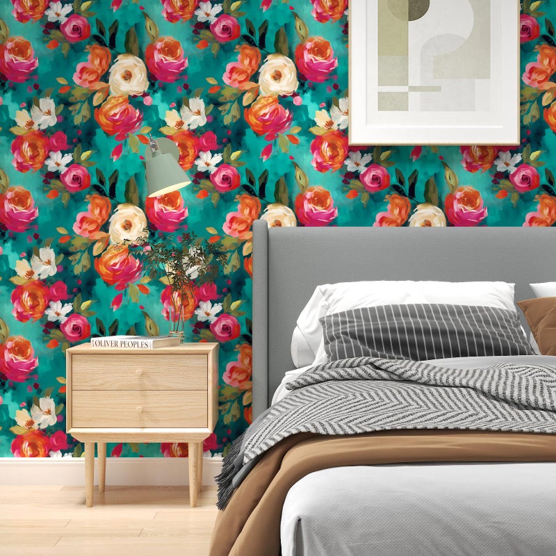 BOKEBEVE Watercolour Floral Peel and Stick Wallpaper Boho Vibrant Contact Paper Renter Friendly Wall Paper for Countertop Cabinet Wall Shelf Liner Removable Blue Colorful 17.5 x 118In - Image 3
