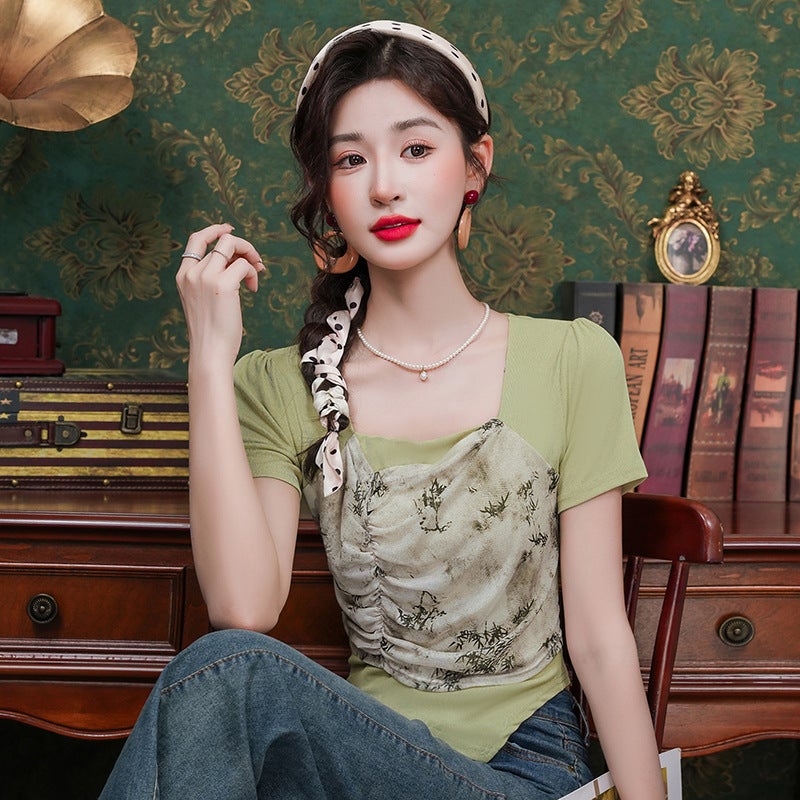 Irregular Short-Sleeved T-Shirt Women'S Explosions Summer Fashion Western Style Design Sense Fake Two-Piece Short Top - Image 1