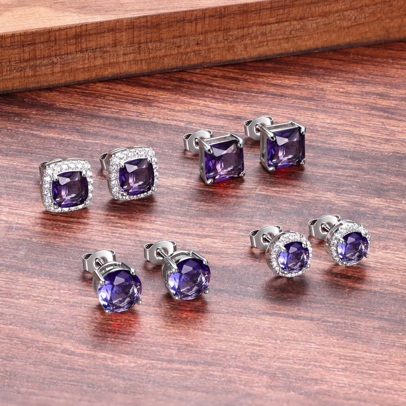 Milacolato Cubic Zirconia Stud Earrings Women Men 18K White Gold Hypoallergenic Sterling Silver Post Earrings Brilliant Large Simulated Diamond Halo Stud Earrings For Sensitive Ears  Purple - Image 5