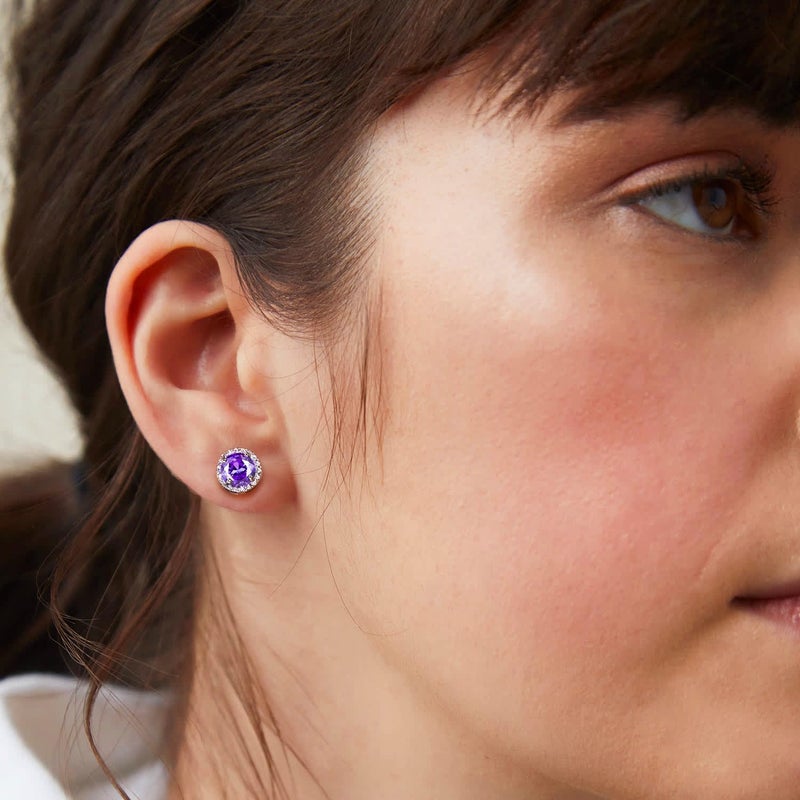 Milacolato Cubic Zirconia Stud Earrings Women Men 18K White Gold Hypoallergenic Sterling Silver Post Earrings Brilliant Large Simulated Diamond Halo Stud Earrings For Sensitive Ears  Purple - Image 3