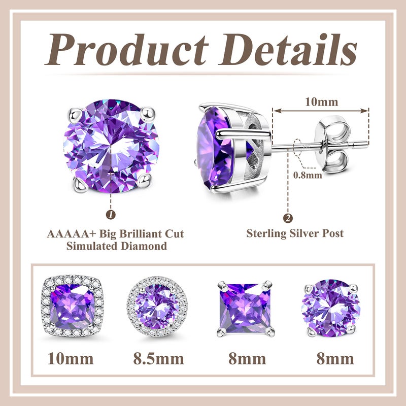 Milacolato Cubic Zirconia Stud Earrings Women Men 18K White Gold Hypoallergenic Sterling Silver Post Earrings Brilliant Large Simulated Diamond Halo Stud Earrings For Sensitive Ears  Purple - Image 4