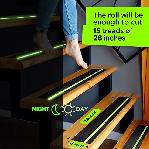 Trazon Grip Tape Glow in Dark Stripe - Heavy Duty Anti Slip Tape for Stairs Outdoor/Indoor Waterproof 4 Inch x 35 Feet Non Skid Roll Stair Steps Traction Tread Staircases Grips Adhesive Nonslip Slip Strips - Image 4