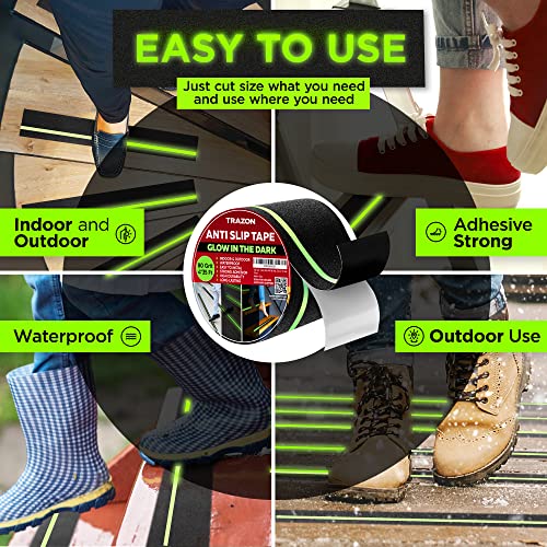 Trazon Grip Tape Glow in Dark Stripe - Heavy Duty Anti Slip Tape for Stairs Outdoor/Indoor Waterproof 4 Inch x 35 Feet Non Skid Roll Stair Steps Traction Tread Staircases Grips Adhesive Nonslip Slip Strips - Image 3