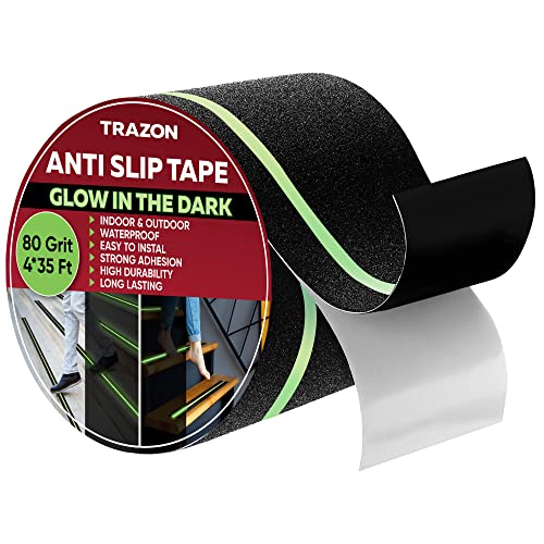 Trazon Grip Tape Glow in Dark Stripe - Heavy Duty Anti Slip Tape for Stairs Outdoor/Indoor Waterproof 4 Inch x 35 Feet Non Skid Roll Stair Steps Traction Tread Staircases Grips Adhesive Nonslip Slip Strips - Image 1