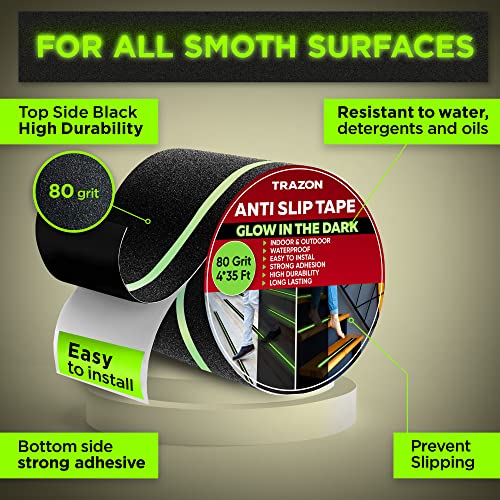 Trazon Grip Tape Glow in Dark Stripe - Heavy Duty Anti Slip Tape for Stairs Outdoor/Indoor Waterproof 4 Inch x 35 Feet Non Skid Roll Stair Steps Traction Tread Staircases Grips Adhesive Nonslip Slip Strips - Image 2