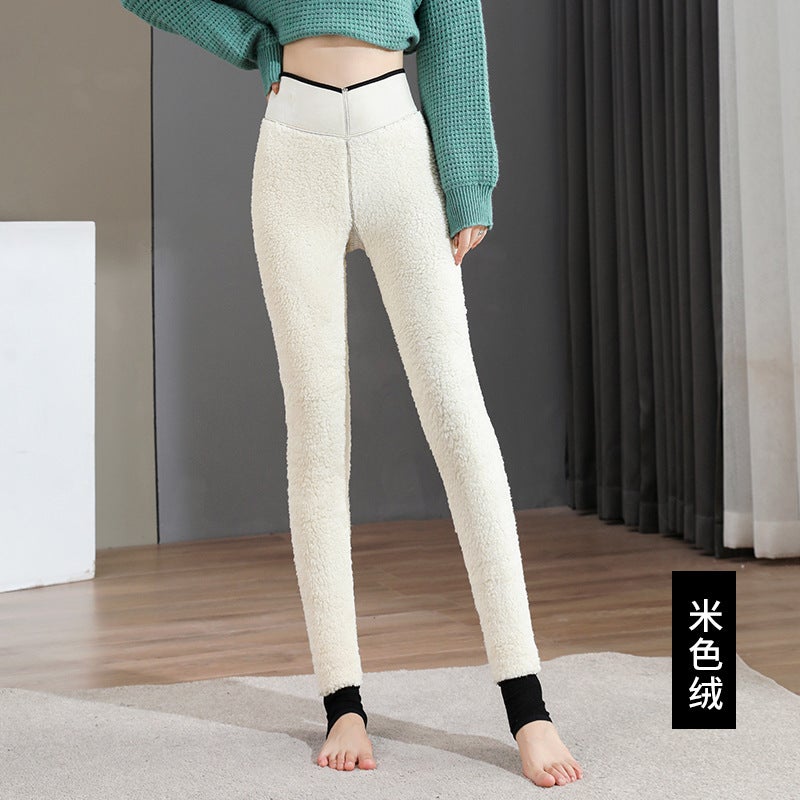 Cloud Velvet fleece-lined Thickened Leggings Womens Outer Wearing Warm Pants Super Thick Extra Thick One-piece High Waist Northeast Cotton Pants for Winter Rice velvet suitable for (-30~0℃） 
