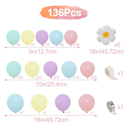 Netnology Daisy Balloon Arch Garland Kit - 136Pcs Pastel Rainbow Balloon Arch Kit - Birthday Balloons, White Groovy Flower Macaron Pink Yellow Blue Purple Balloons for First Birthday Wedding Party Decorations - Image 2