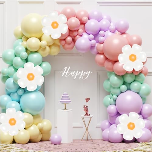 Netnology Daisy Balloon Arch Garland Kit - 136Pcs Pastel Rainbow Balloon Arch Kit - Birthday Balloons, White Groovy Flower Macaron Pink Yellow Blue Purple Balloons for First Birthday Wedding Party Decorations - Image 5