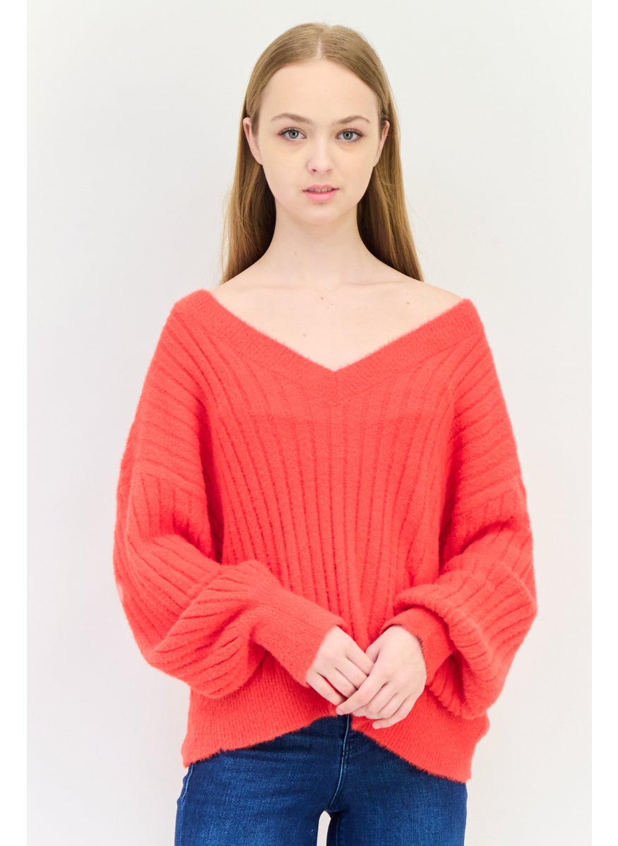 Aerie Women V-Neck Knitted Sweater, Red  - Image 1