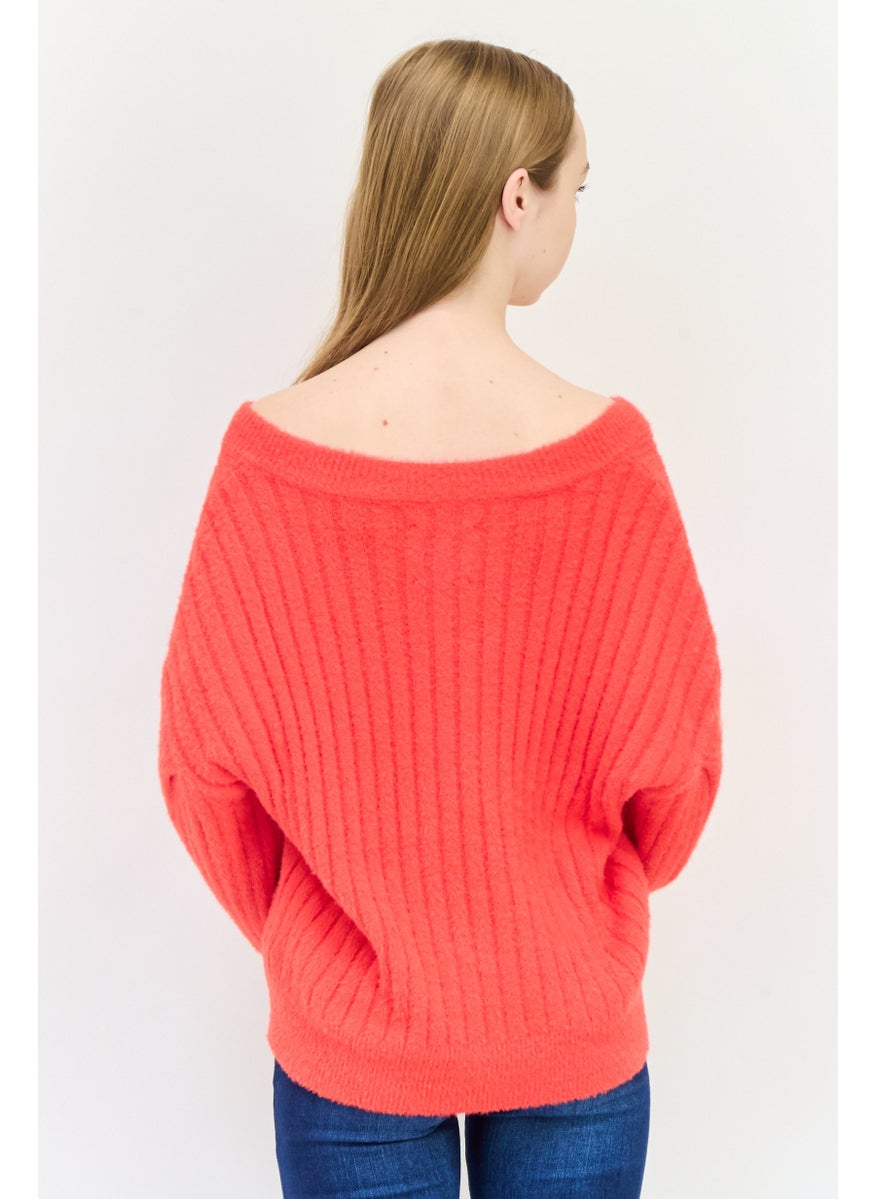 Aerie Women V-Neck Knitted Sweater, Red  - Image 3