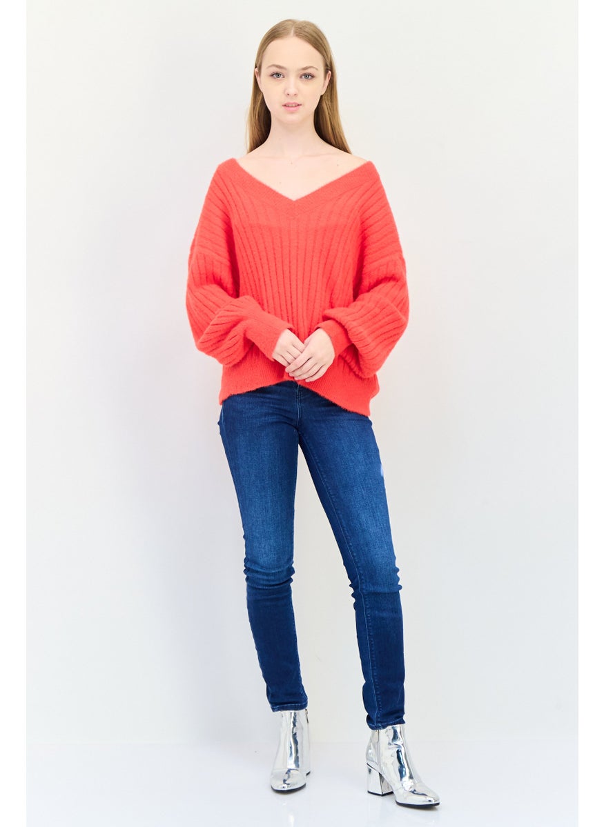 Aerie Women V-Neck Knitted Sweater, Red  - Image 4