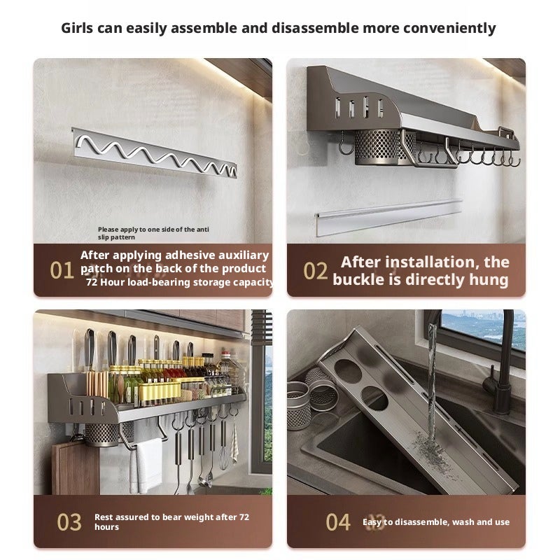 Wall-Mounted Kitchen Storage Rack Aluminum Multi-functional with Drip Tray - Image 4