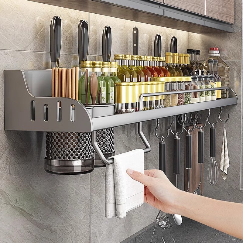 Wall-Mounted Kitchen Storage Rack Aluminum Multi-functional with Drip Tray - Image 1