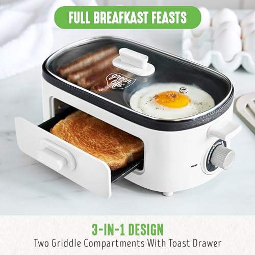 GreenLife 3-in-1 Breakfast Maker Station, Healthy Ceramic Nonstick Dual Griddles for Eggs Meat Sausage Bacon Pancakes and Breakfast Sandwiches, 2 Slice Toast Drawer, Easy-to-use Timer, White - Image 5