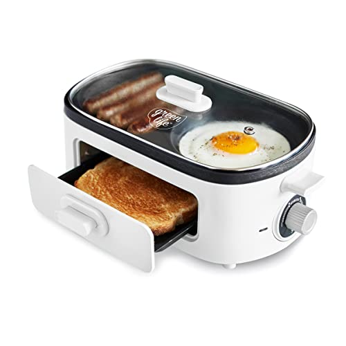 GreenLife 3-in-1 Breakfast Maker Station, Healthy Ceramic Nonstick Dual Griddles for Eggs Meat Sausage Bacon Pancakes and Breakfast Sandwiches, 2 Slice Toast Drawer, Easy-to-use Timer, White - Image 1