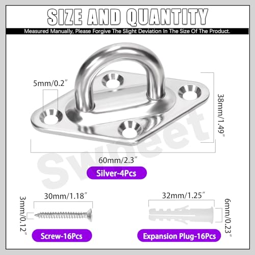 Swpeet 4Pcs M5 304 Stainless Steel Silver Rhombus Pad Eye Plate Hook with Screws and Plastic Anchors Assortment Kit Marine Hardware Hooks Ceiling U Hook Staple Ring Hook for Securing Hanging - Image 3