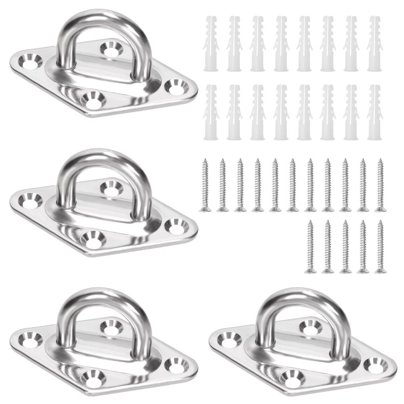 Swpeet 4Pcs M5 304 Stainless Steel Silver Rhombus Pad Eye Plate Hook with Screws and Plastic Anchors Assortment Kit Marine Hardware Hooks Ceiling U Hook Staple Ring Hook for Securing Hanging - Image 2