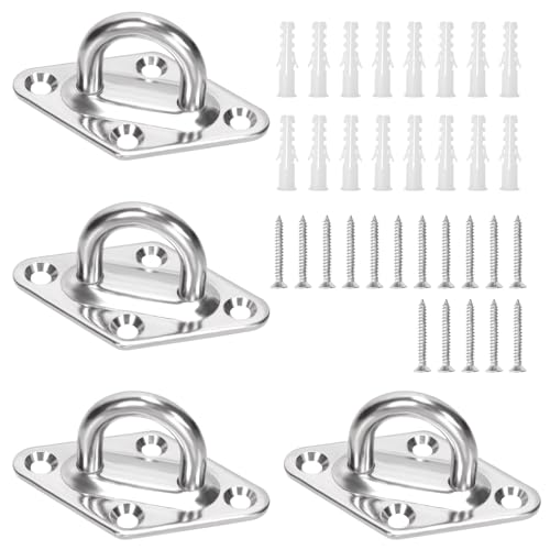 Swpeet 4Pcs M5 304 Stainless Steel Silver Rhombus Pad Eye Plate Hook with Screws and Plastic Anchors Assortment Kit Marine Hardware Hooks Ceiling U Hook Staple Ring Hook for Securing Hanging - Image 1