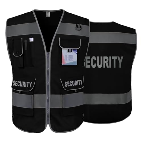 TCCFCCT Security Vest for Security Guard 9 Pockets High Visibility Reflective Safety Vest for Men Women Durable Hi Vis Vest with Reinforced Sewing Meets ANSIISEA G100SBlack L