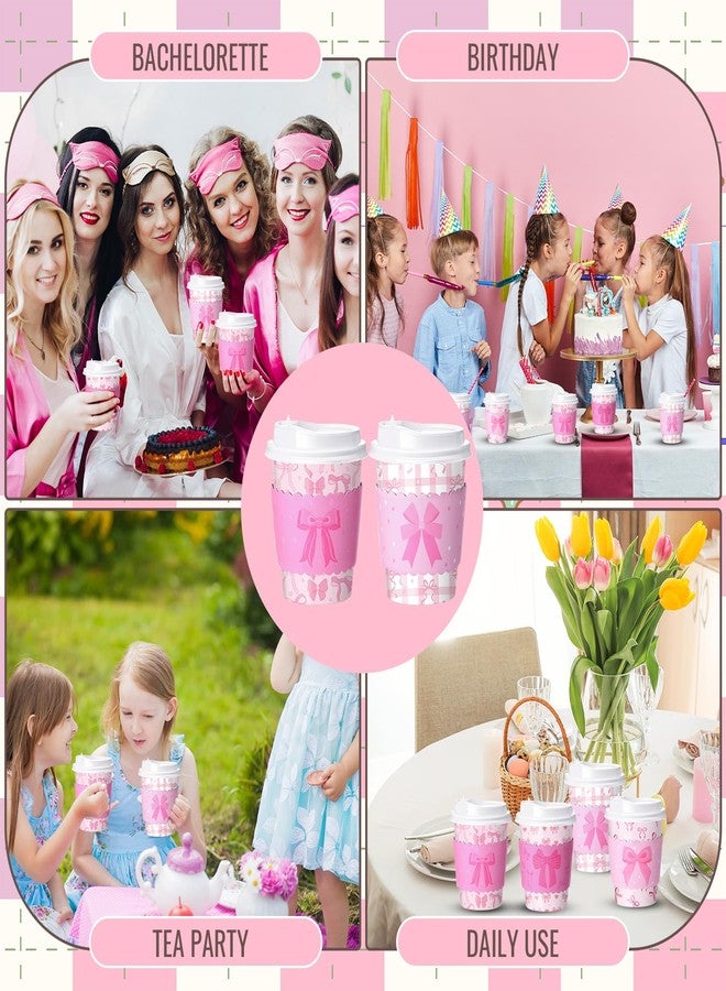 Jingmore مجموعة جينغمور من 48 كوب قهوة وردي اللون للاستخدام مرة واحدة مع أغطية وأكمام، سعة 8 أونصات، أكواب شرب مزينة بفيونكة لحفلات الزفاف وحفلات توديع العزوبية وحفلات استقبال المولود الجديد وحفلات أعياد الميلاد - Image 5