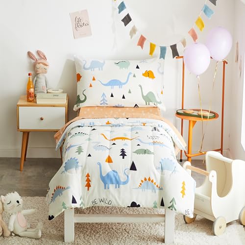 Joyreap 4 Piece Cotton Toddler Bedding Set for Kids Boys n Girls Dinosaur Theme Cream White n Orange Reversible Design Includes Quilted Comforter Fitted Sheet Top Sheet and Pillow Case