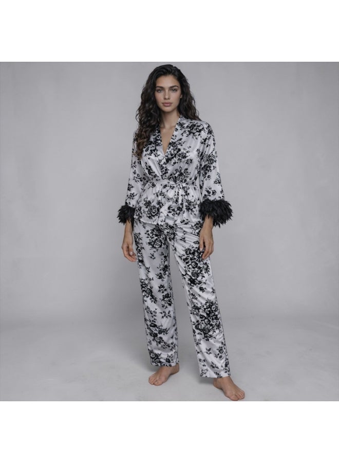 Printed satin pajama set (pants and robe) with feather trim on the sleeves - Image 1