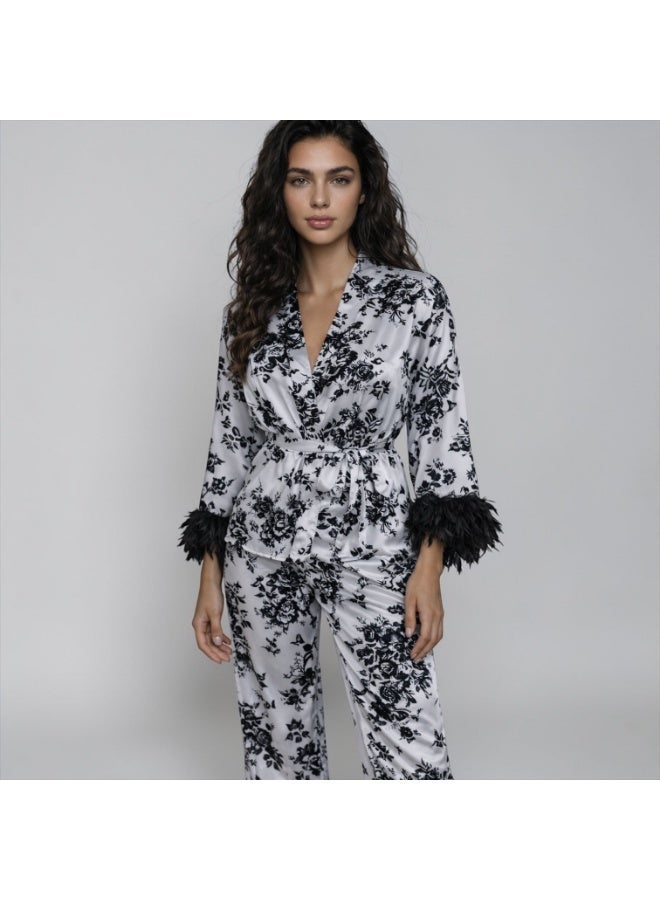 Printed satin pajama set (pants and robe) with feather trim on the sleeves - Image 2